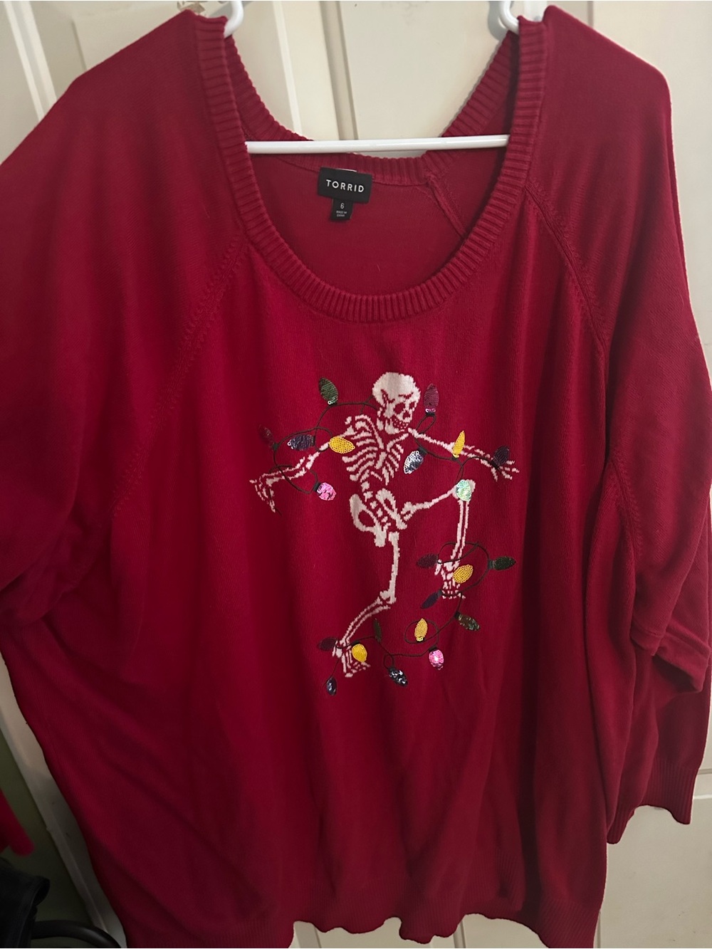 torrid Red Skeleton Sweater with Colorful Light Embroidery